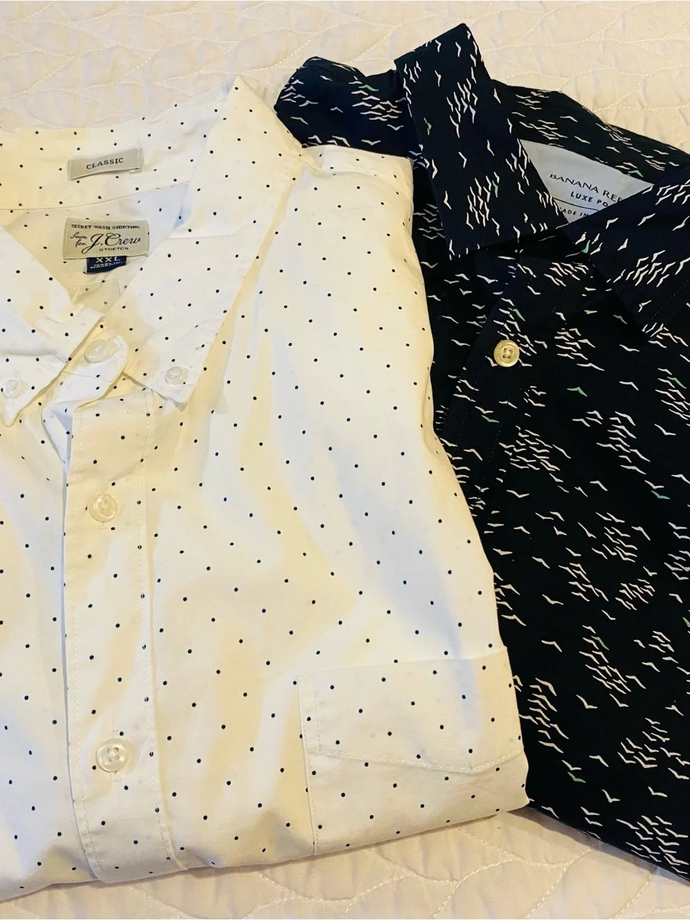 J. Crew Navy Wave-Print Button-Down & White Micro Dot Shirt